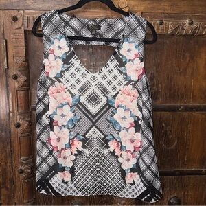Thalia Sodi Floral Plaid Sleeveless Keyhole Blouse – Size L